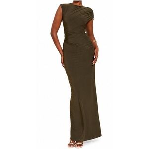 PrettyLittleThing Khaki Green Off Shoulder Bodycon Maxi Dress NWT Size 12